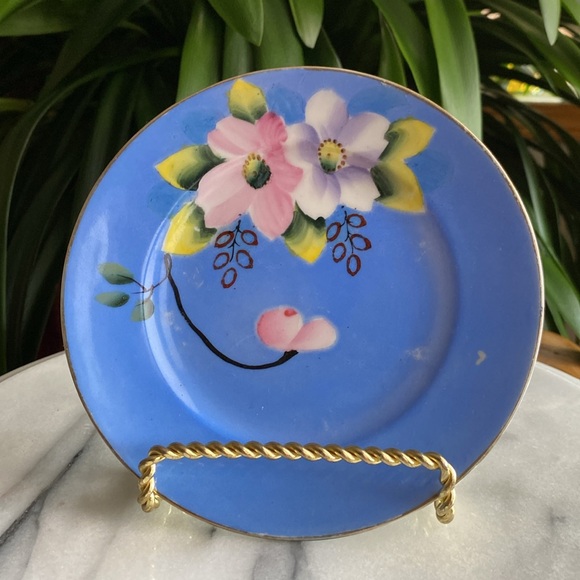 Vintage Hand Painted Bird + Floral Serving Cake Plate and 5 Dessert Plates Set - Picture 8 of 11